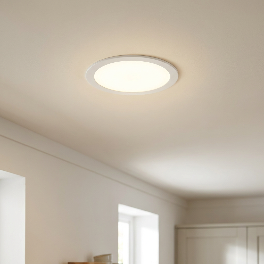 Round white recessed LED ceiling light glowing on a plain white kitchen ceiling.