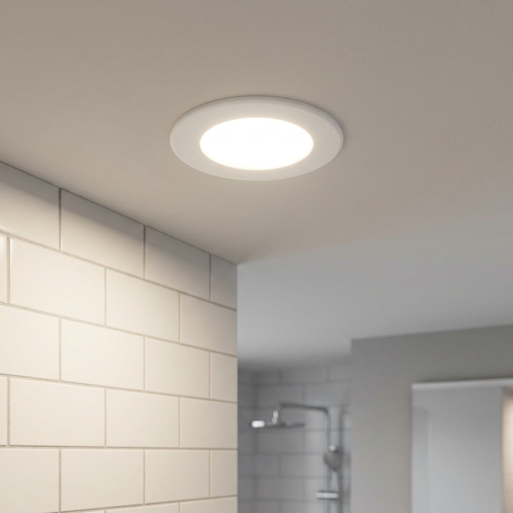 White recessed LED ceiling light illuminated in a modern tiled bathroom.