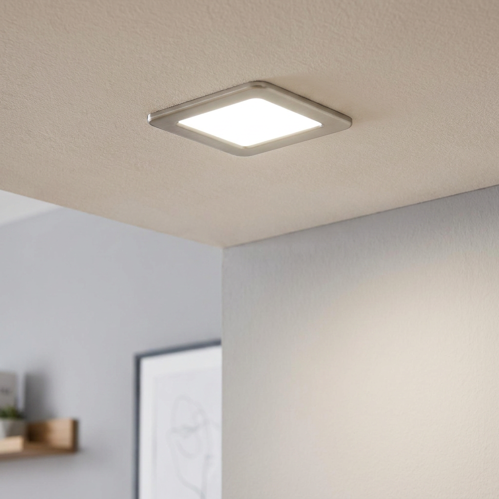 Square nickel recessed LED light glowing with bright cool white light on a neutral ceiling.