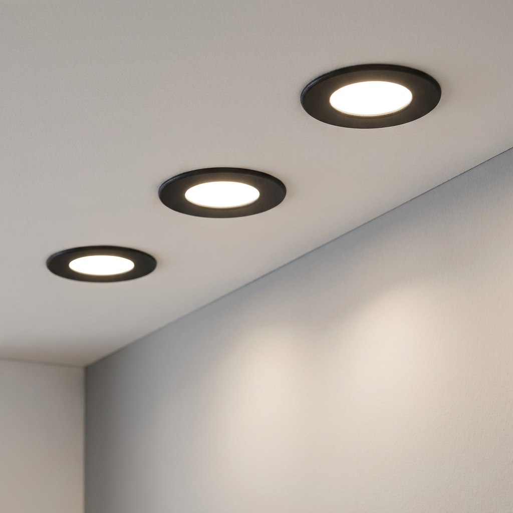 Three black circular recessed LED ceiling lights in a row, casting a warm glow on a white interior wall.