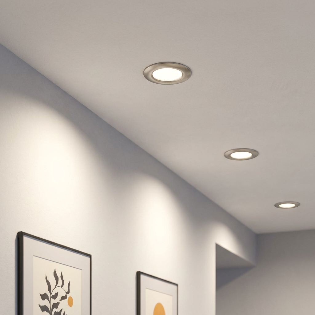 Three brushed nickel recessed LED downlights installed in a white ceiling above framed artwork on a wall.