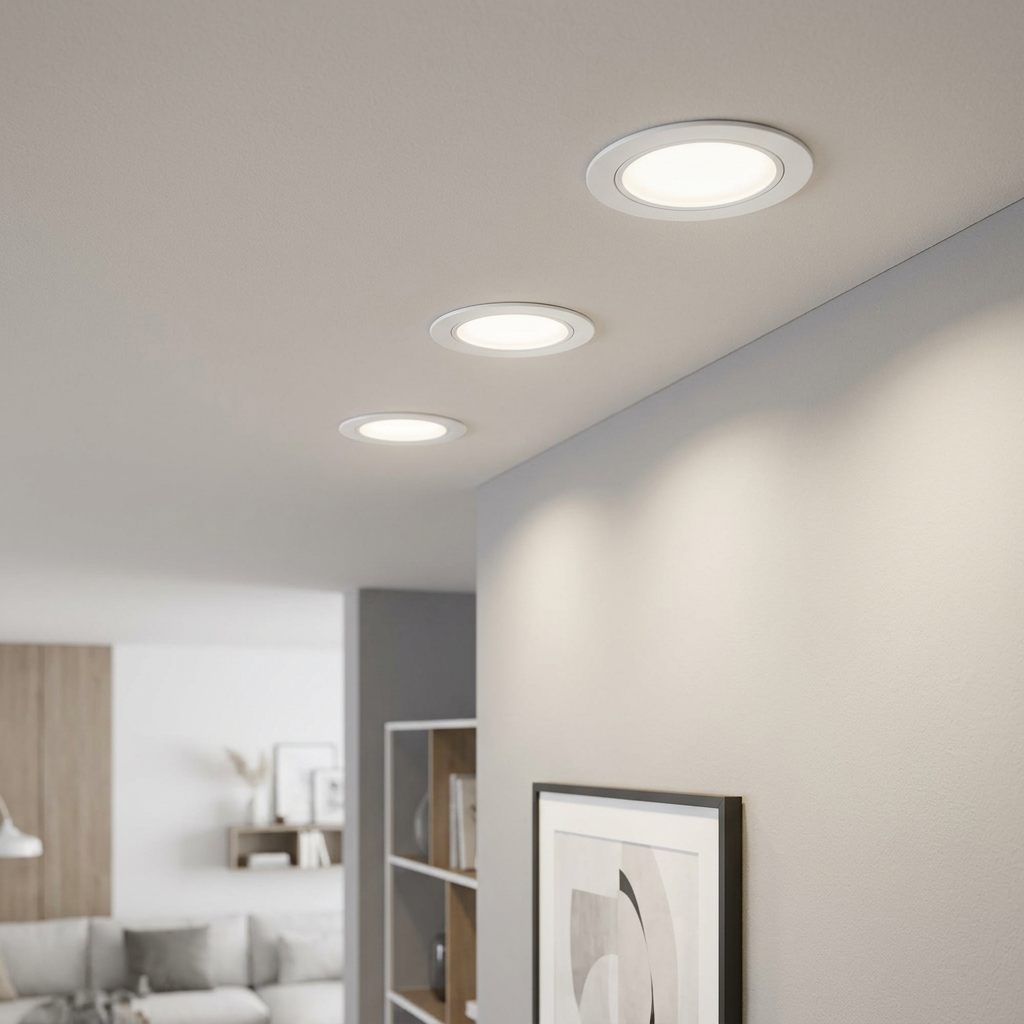 Three white recessed LED ceiling lights illuminating a modern hallway wall and living area.