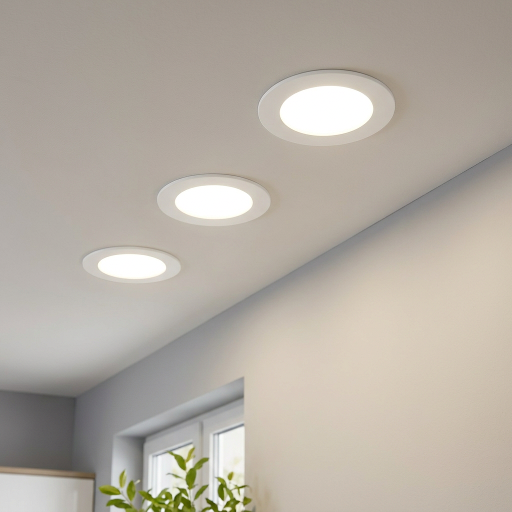 Three circular white LED recessed downlights illuminate a modern white ceiling in a bright room.