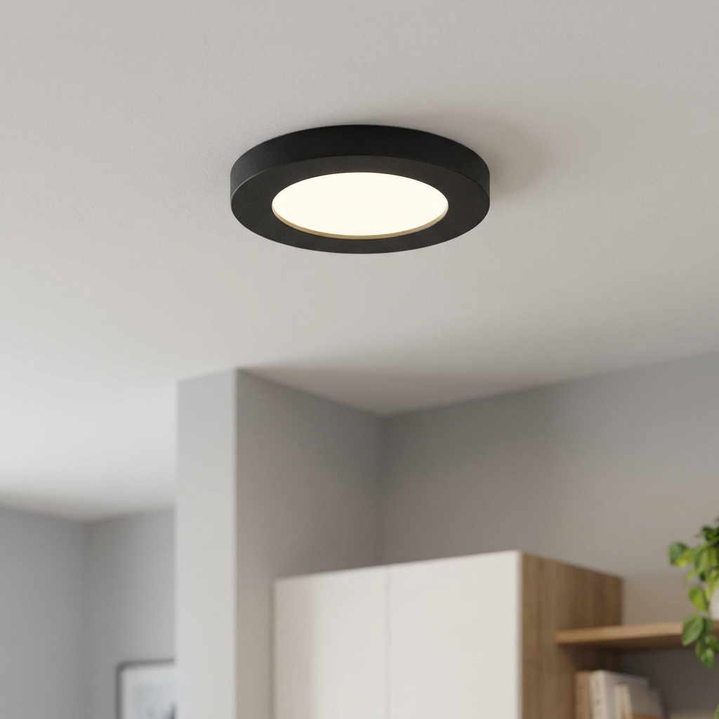 Round black Eglo Fueva Flex LED recessed ceiling light illuminated on a white ceiling in a modern room.