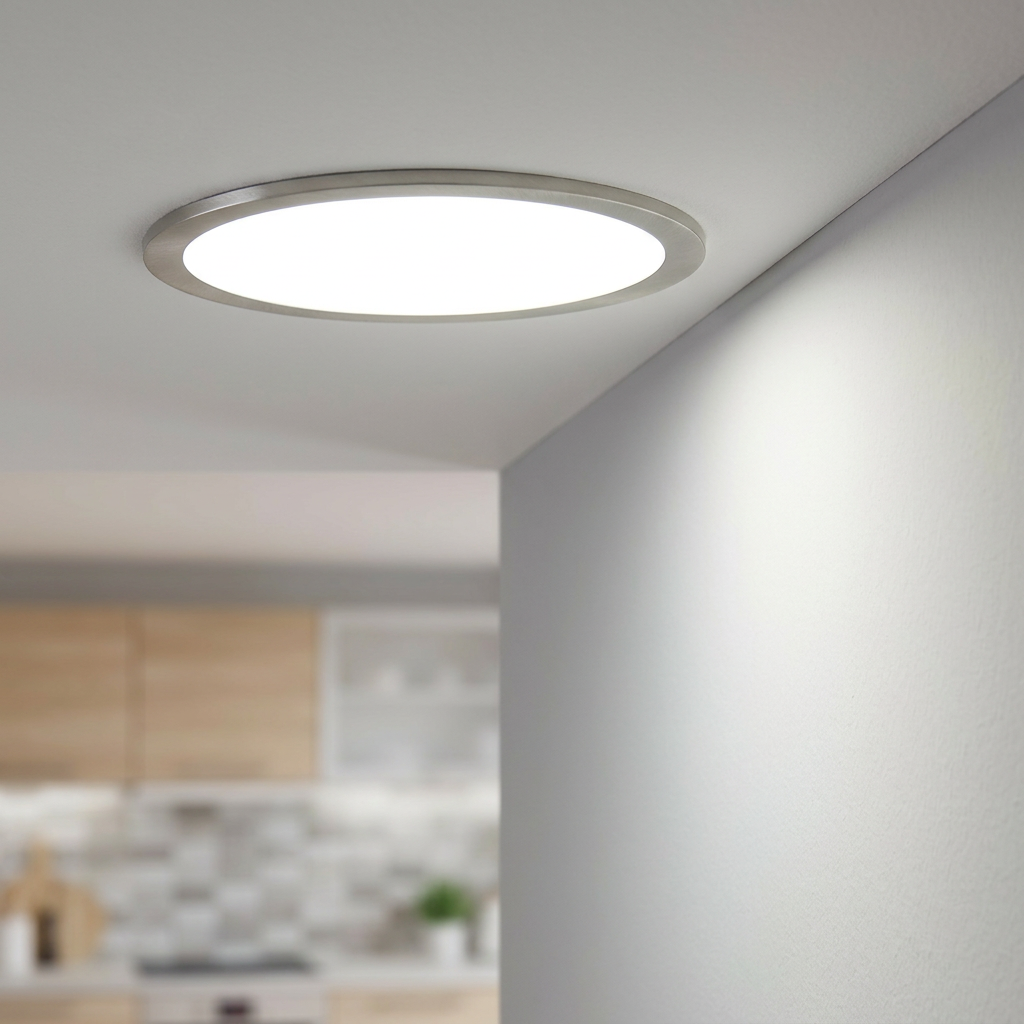 Circular nickel-finished recessed LED ceiling light illuminating a white room with cool white light.
