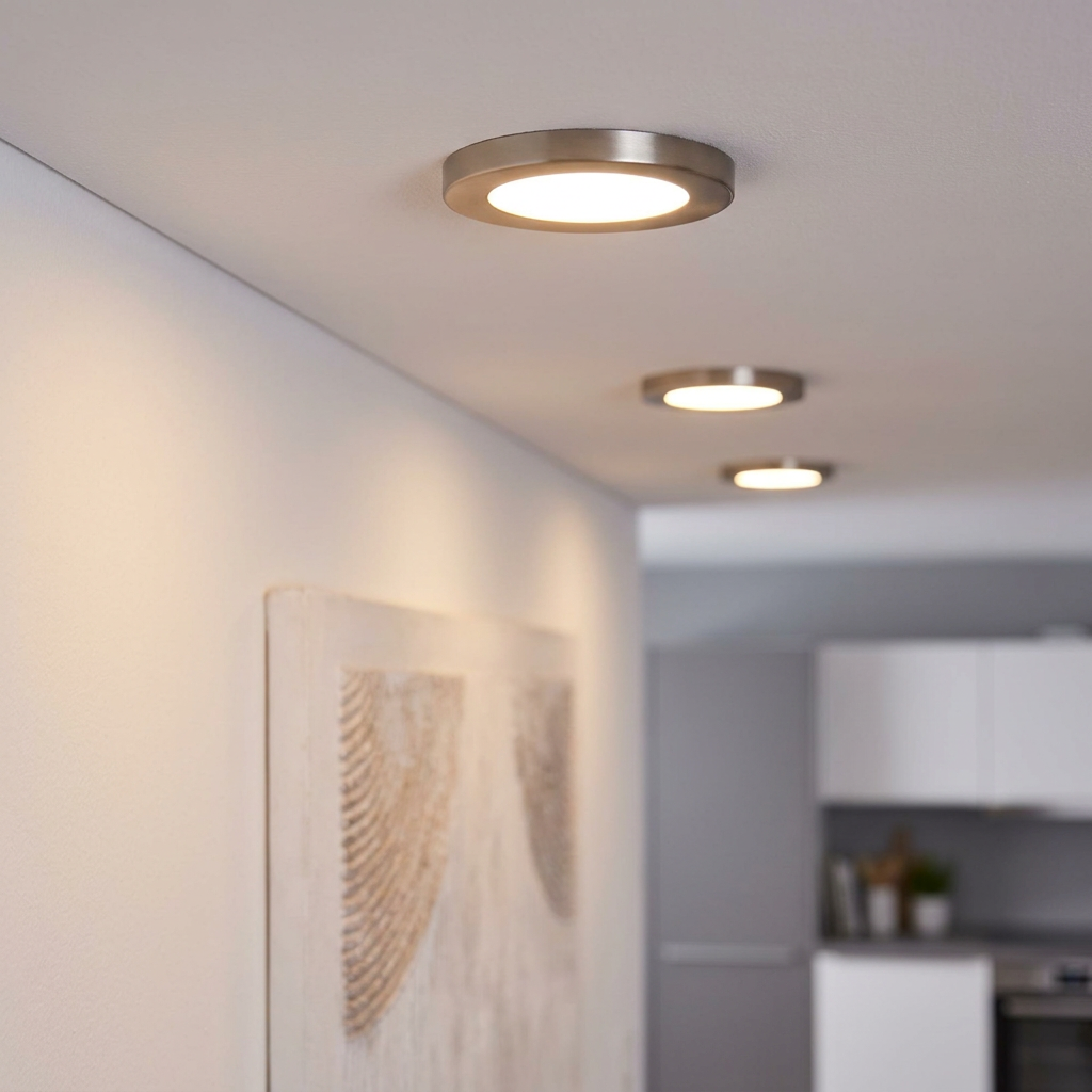 Three warm LED recessed ceiling lights with nickel frames illuminating a hallway leading to a kitchen.