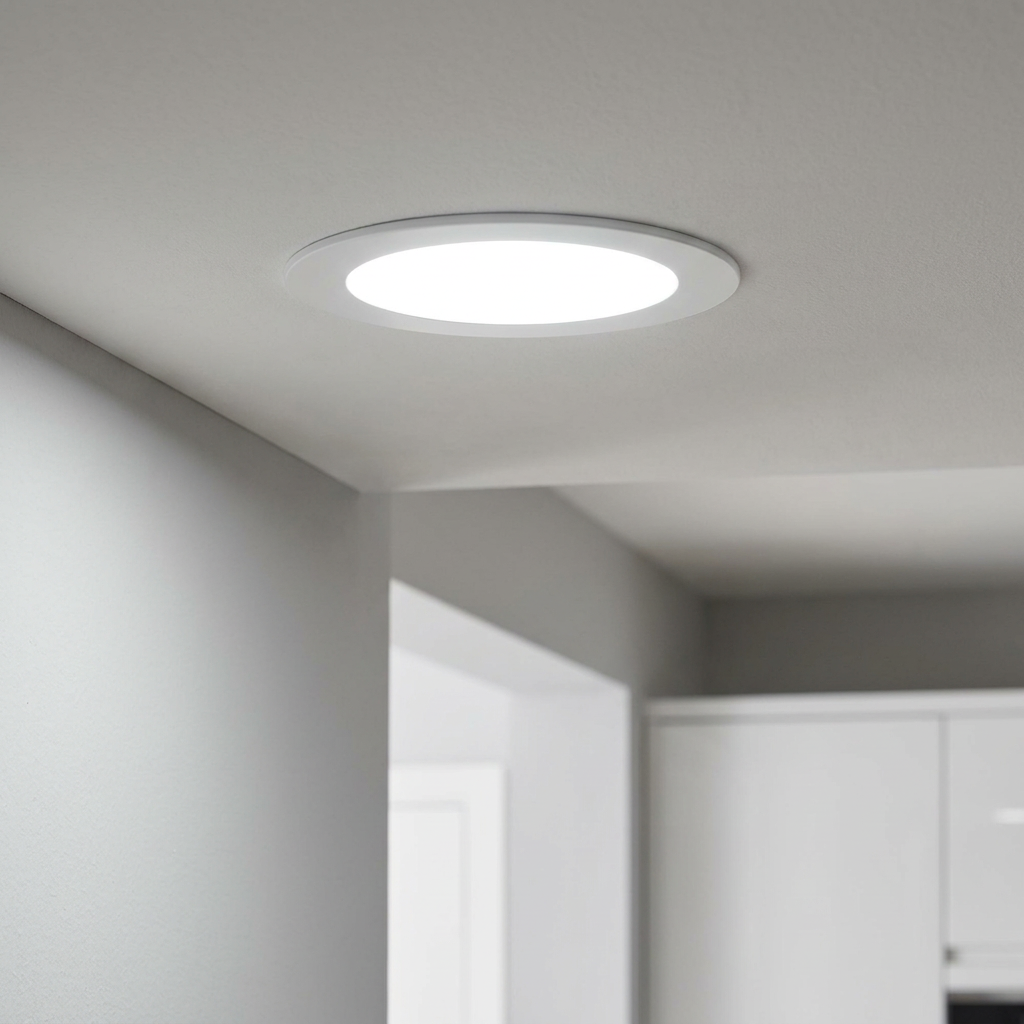Round white LED recessed ceiling light glowing in a modern interior space.