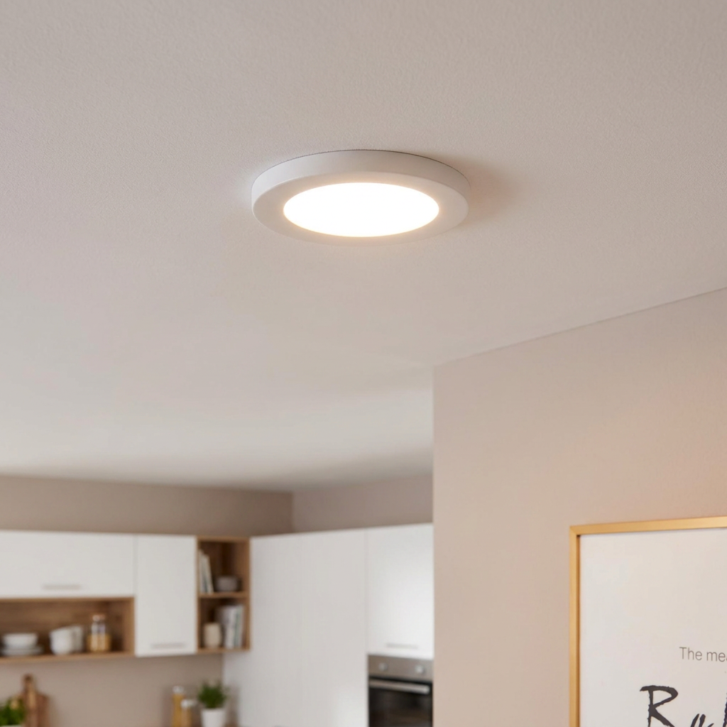 A minimalist white circular LED ceiling light illuminated in a modern kitchen setting.