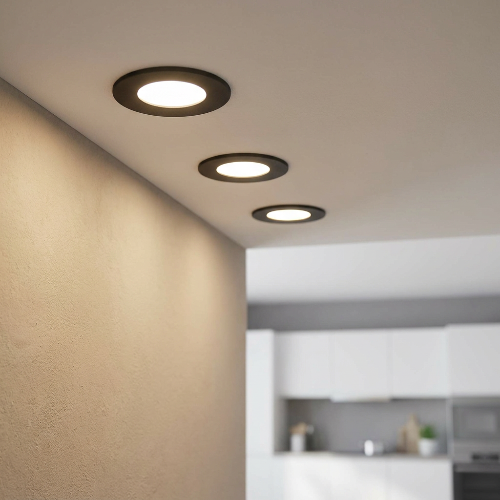 Three black circular smart LED recessed lights casting a warm glow from a white ceiling.