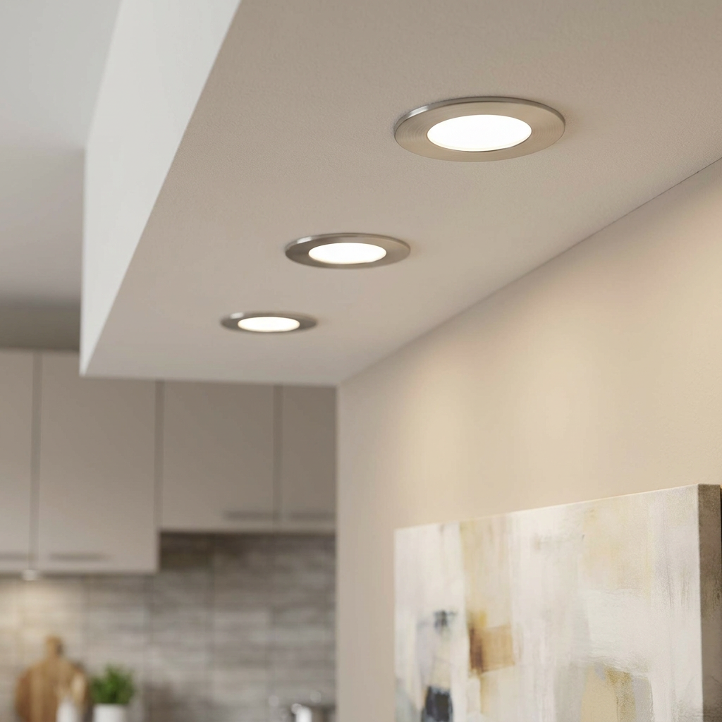 Three brushed nickel recessed ceiling lights casting warm white light in a contemporary home interior.