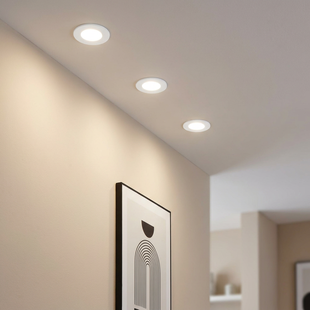 Three white smart LED recessed ceiling lights illuminating a modern hallway wall with framed art.