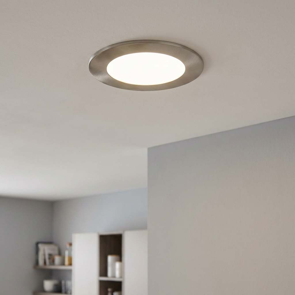 Round nickel-finished recessed ceiling light glowing on a white ceiling in a modern home interior.