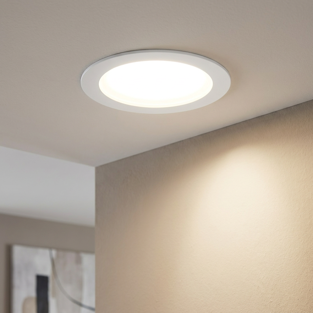 Eglo Fueva-Z smart LED white recessed ceiling light emitting warm light in a modern room setting.
