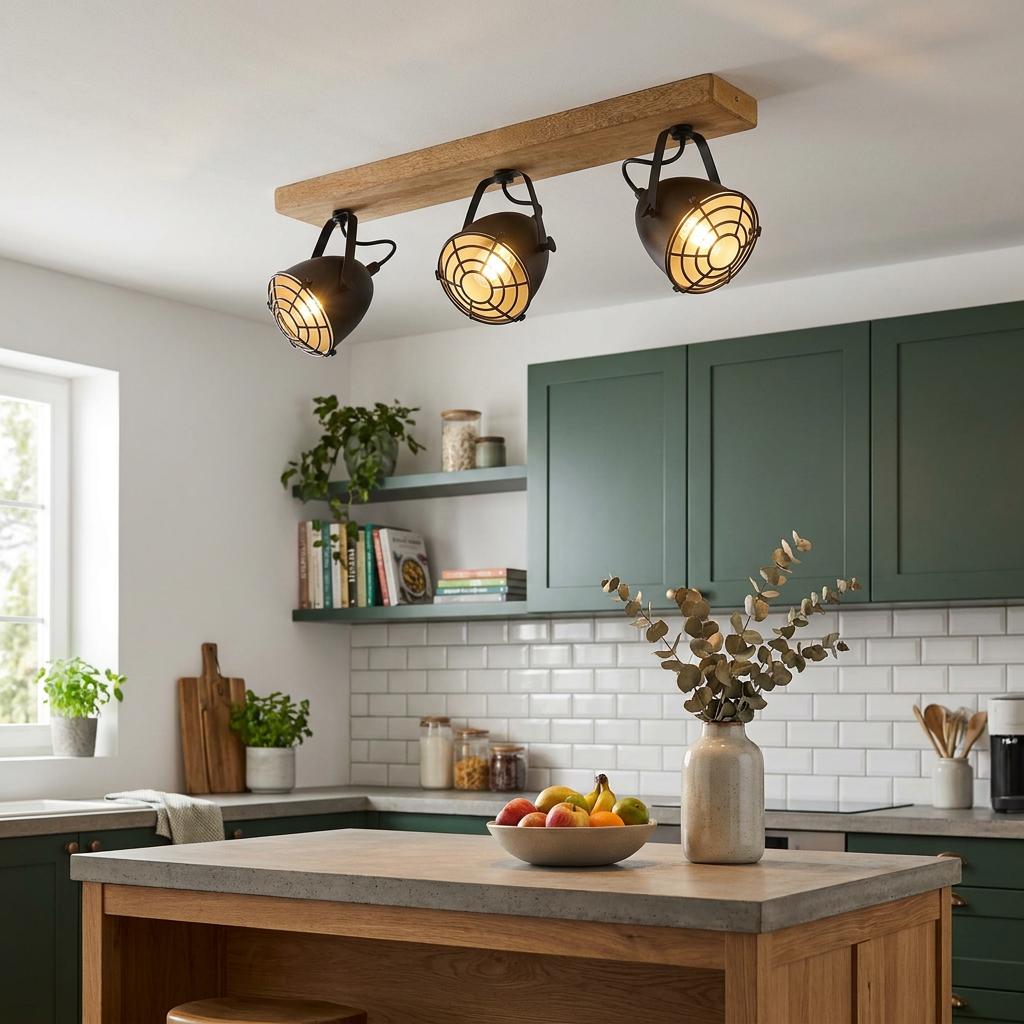 Industrial 3-light bar spotlight with black cage shades and wood mount, illuminating a modern green kitchen.