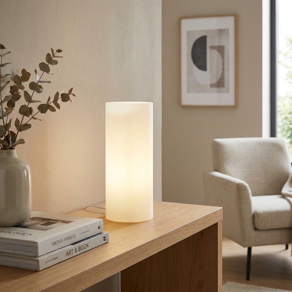 Cylindrical white opal glass table lamp glowing on a wooden sideboard in a minimalist, warmly lit living room.