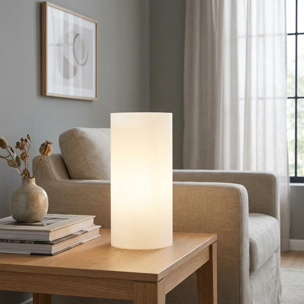 Glowing opal glass cylinder table lamp on a wooden side table next to a neutral armchair.
