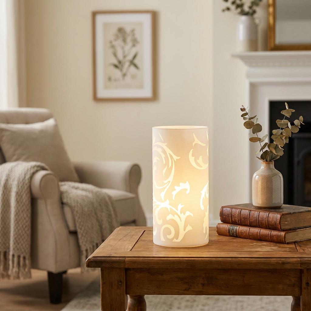 Cylindrical white glass table lamp with a floral scroll pattern glowing on a wooden table in a cozy living room.