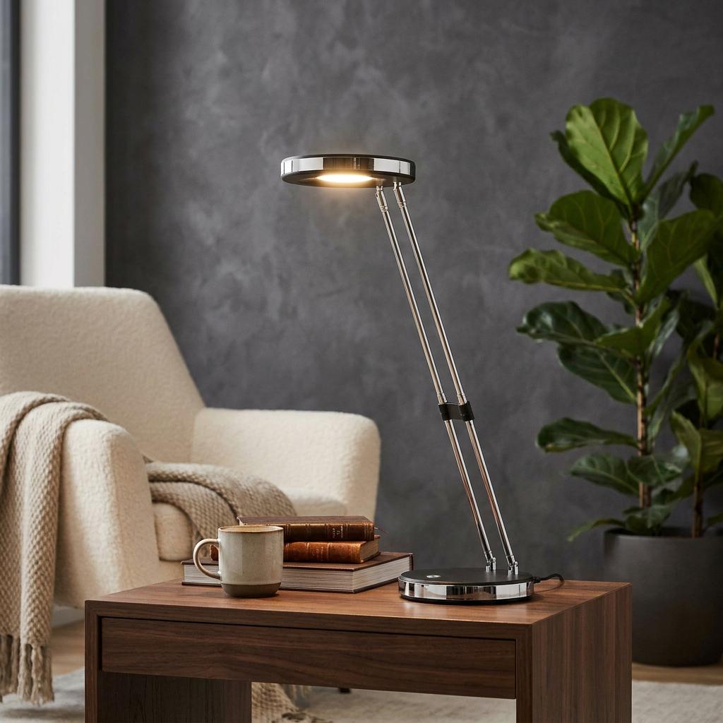 Modern chrome and black LED table lamp with a telescopic arm on a wooden side table in a cozy living room.