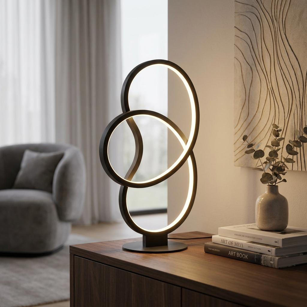 Modern black LED table lamp with interlocking rings emitting a warm glow on a wooden sideboard next to books.