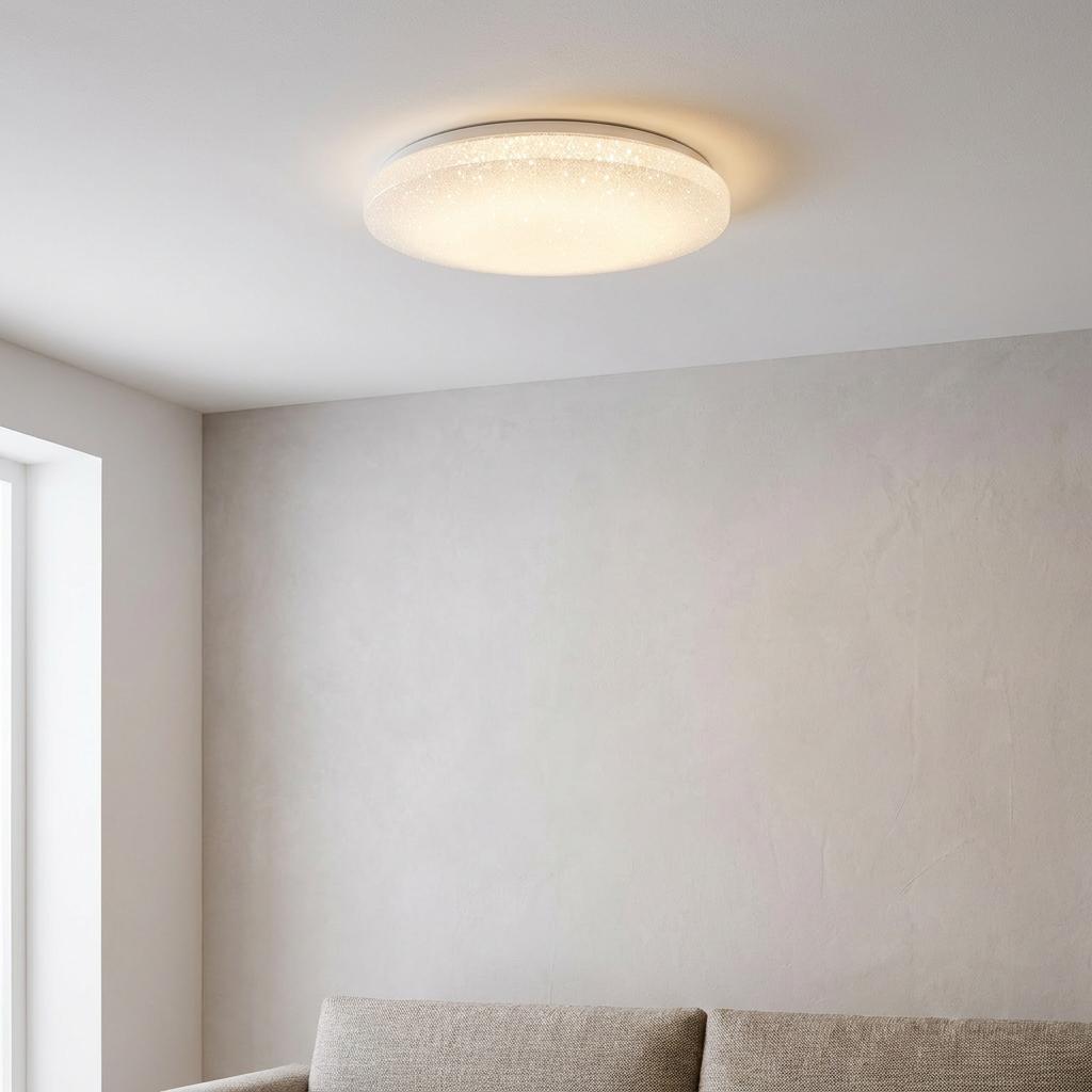 A round LED flush ceiling light with a sparkling starlight effect glowing on a white ceiling.