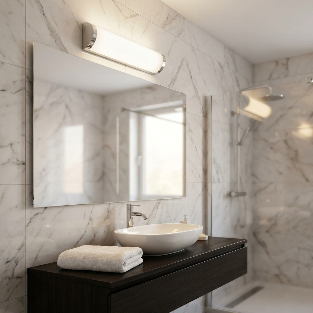 Modern chrome LED bar light mounted above a mirror in a marble-tiled bathroom.