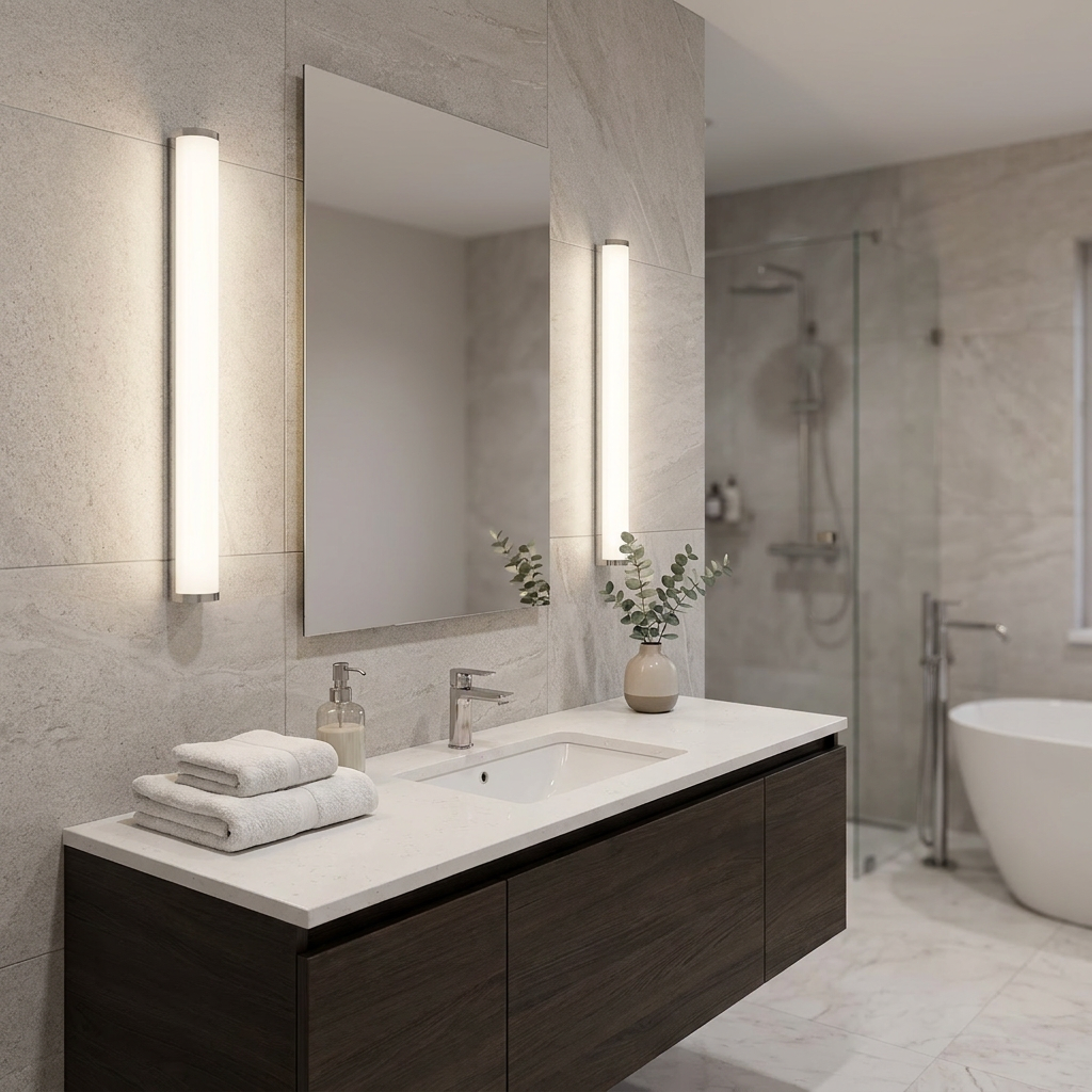 A pair of sleek chrome LED bar lights mounted vertically on a tiled wall flanking a bathroom vanity mirror.