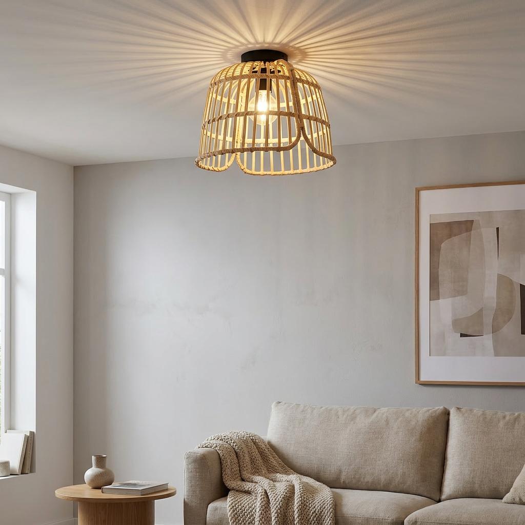 A natural wood flush ceiling light casting radial shadows over a minimalist living room with a beige sofa.