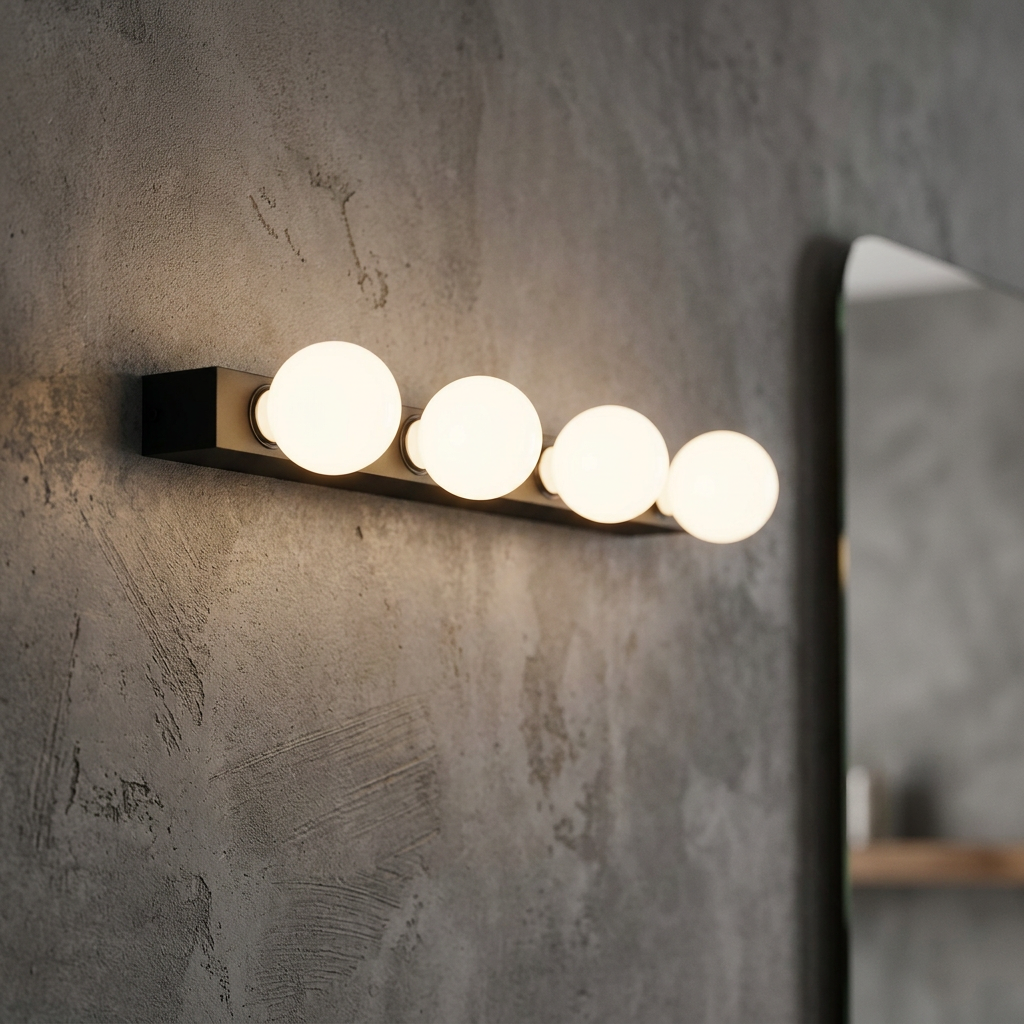 Eglo Guanal black 4-light wall fixture with glowing white globe bulbs on a textured grey wall.