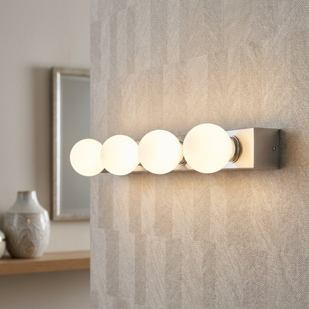 Eglo Guanal chrome wall light with four glowing white globe bulbs mounted on a textured beige wallpapered wall.