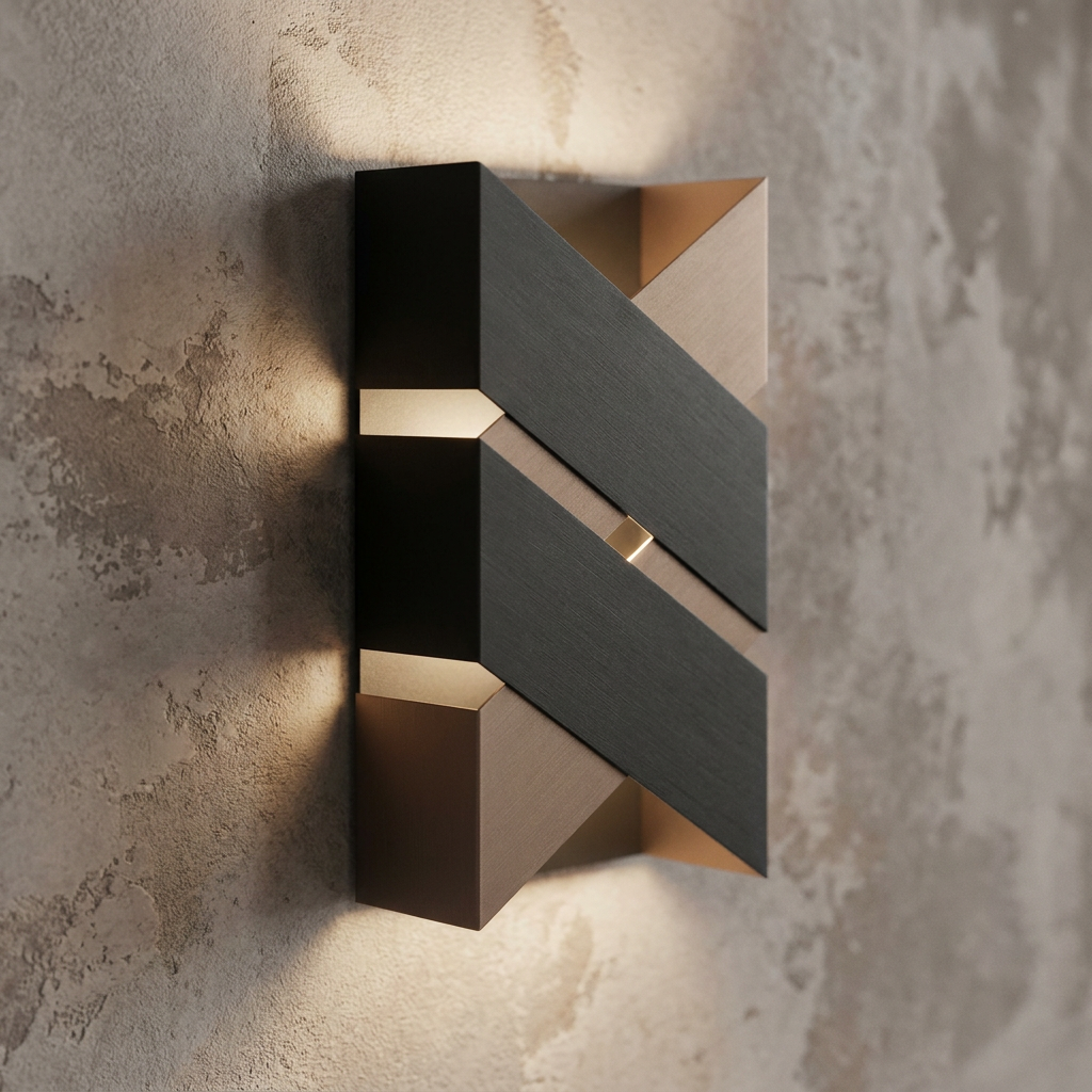 Modern Eglo Gurare LED wall light with black and brown geometric panels casting a warm glow on a textured wall.