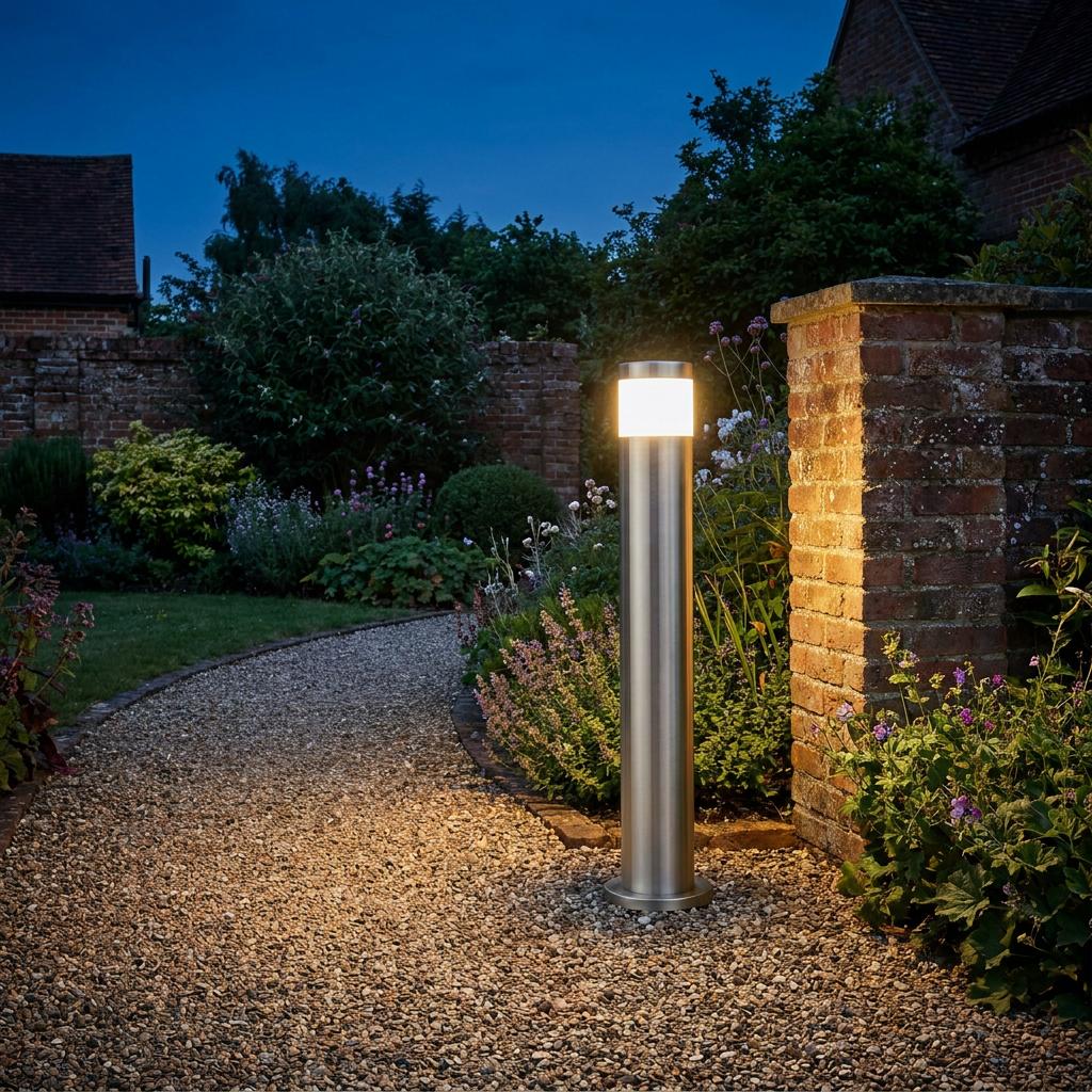 A tall silver bollard light illuminating a gravel path and brick wall in a garden at dusk.