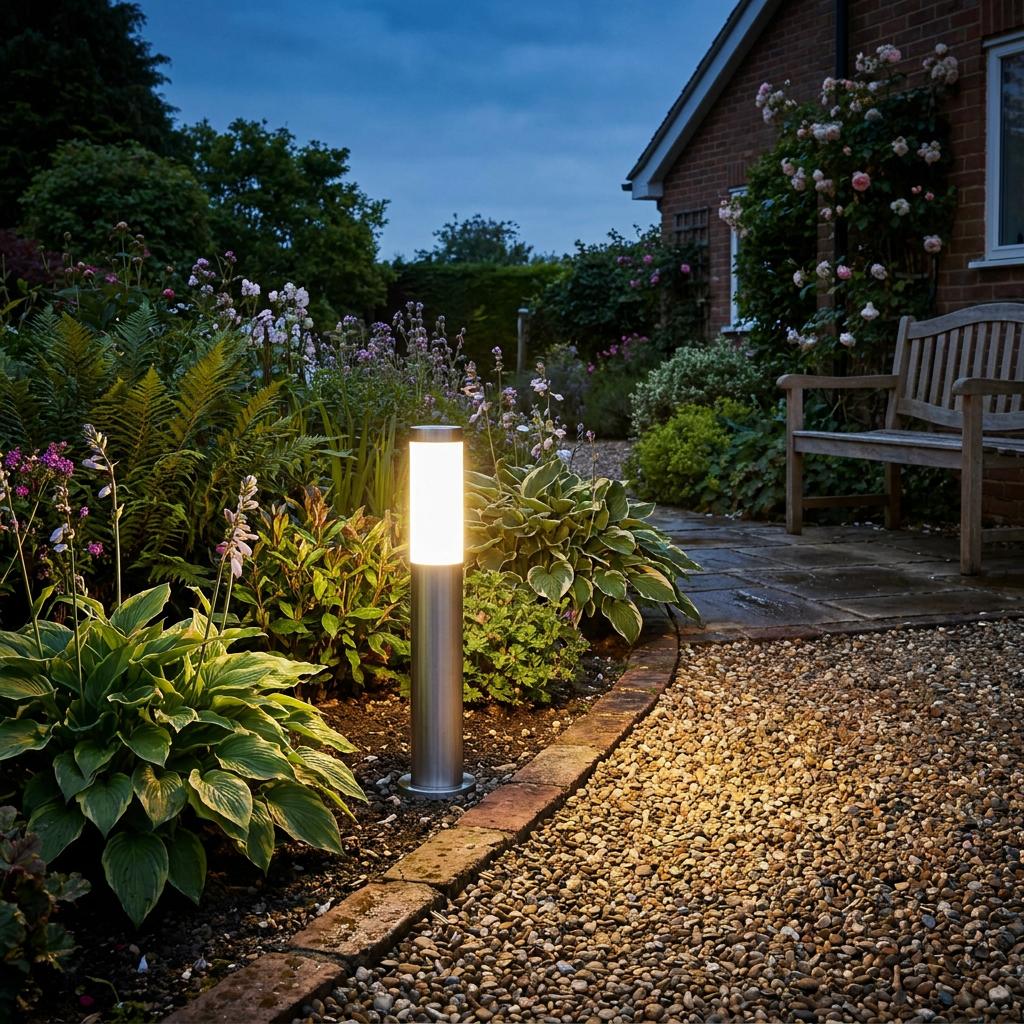 A silver cylindrical bollard light illuminates a lush garden path at dusk.