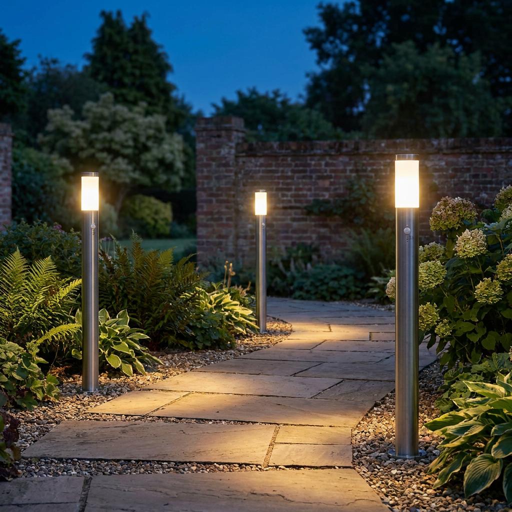 Three stainless steel bollard lights illuminate a stone garden path at dusk among lush greenery and a brick wall.