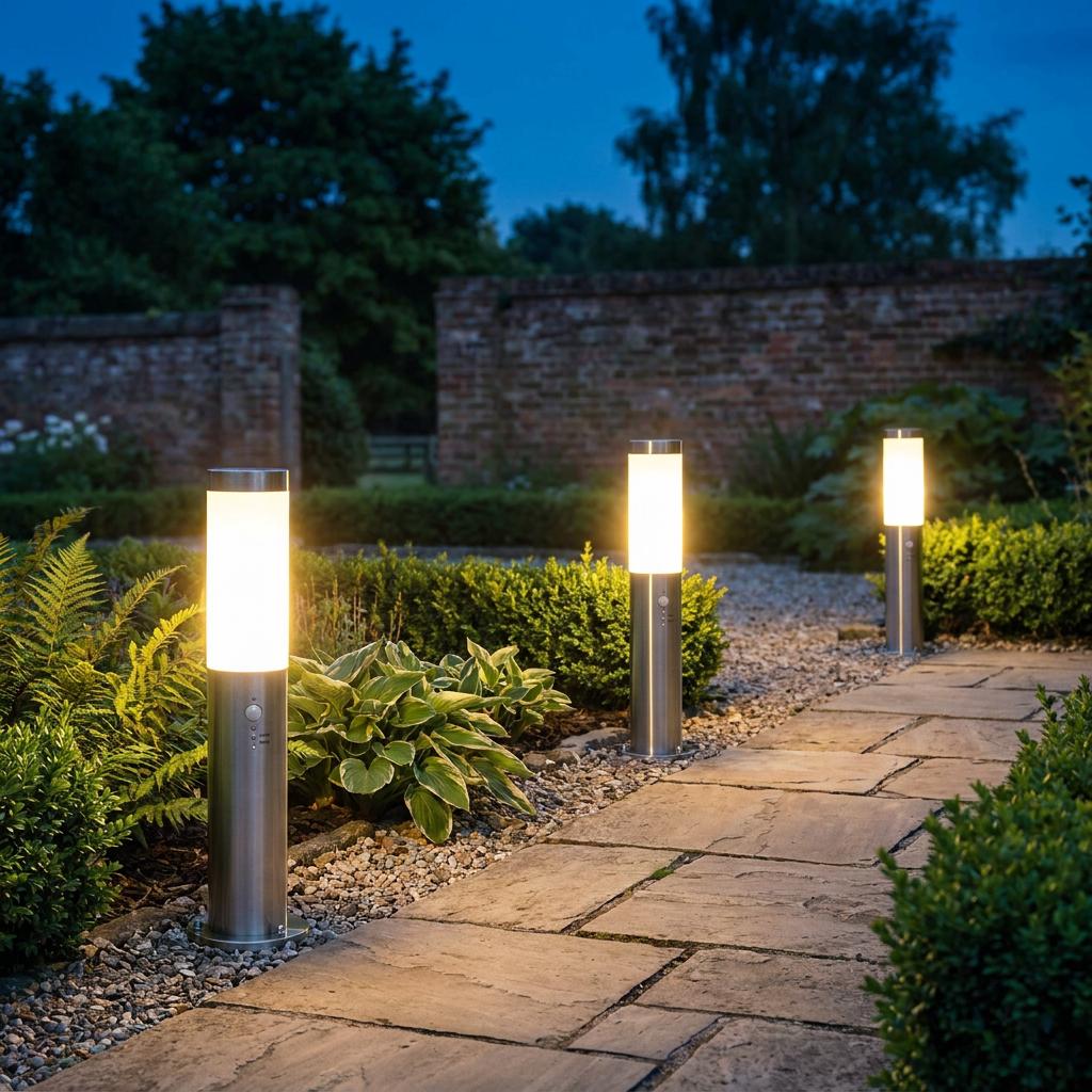 Three Eglo Helsinki stainless steel bollard lights glowing along a stone garden path at twilight.