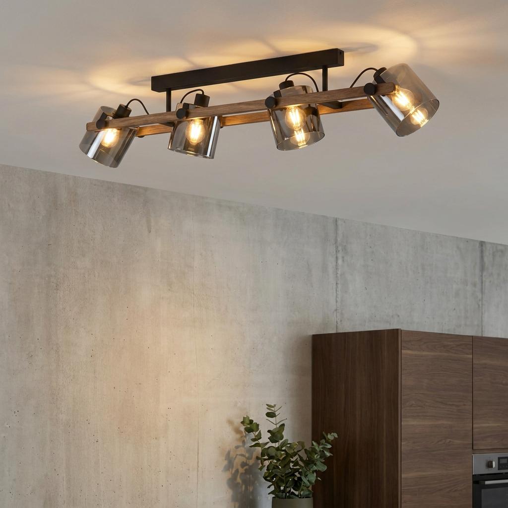 Eglo Hornwood 2 black four-light ceiling flush with wood accents and smoked glass shades in a modern room.