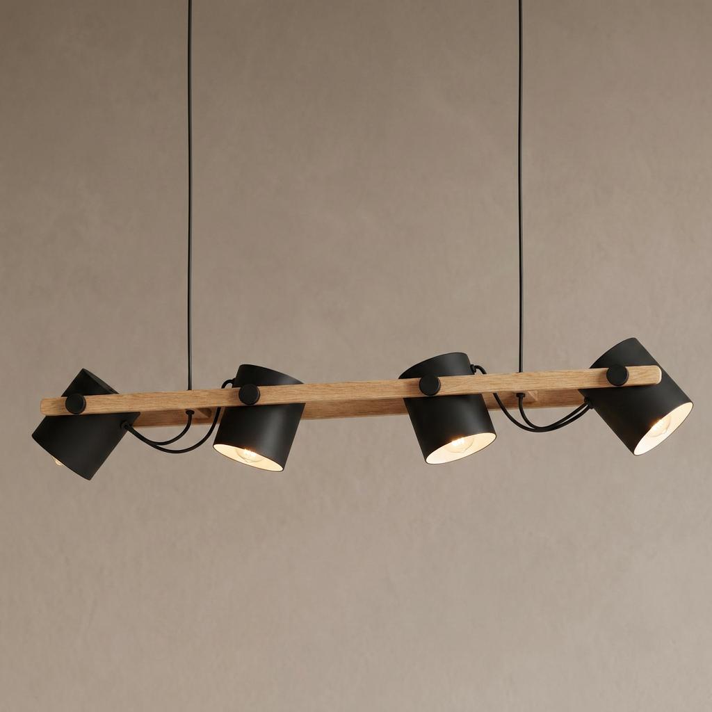 Eglo Hornwood ceiling pendant with four pivoting black shades on a light wood beam, illuminated against a neutral wall.