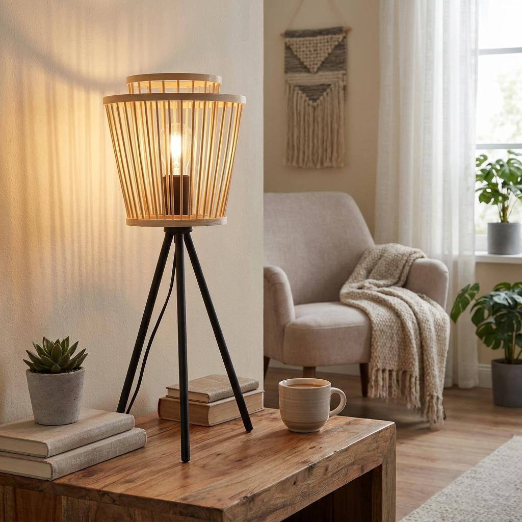 Eglo Hykeham tripod table lamp with a bamboo slat shade on a wooden side table in a warm, cozy living room.