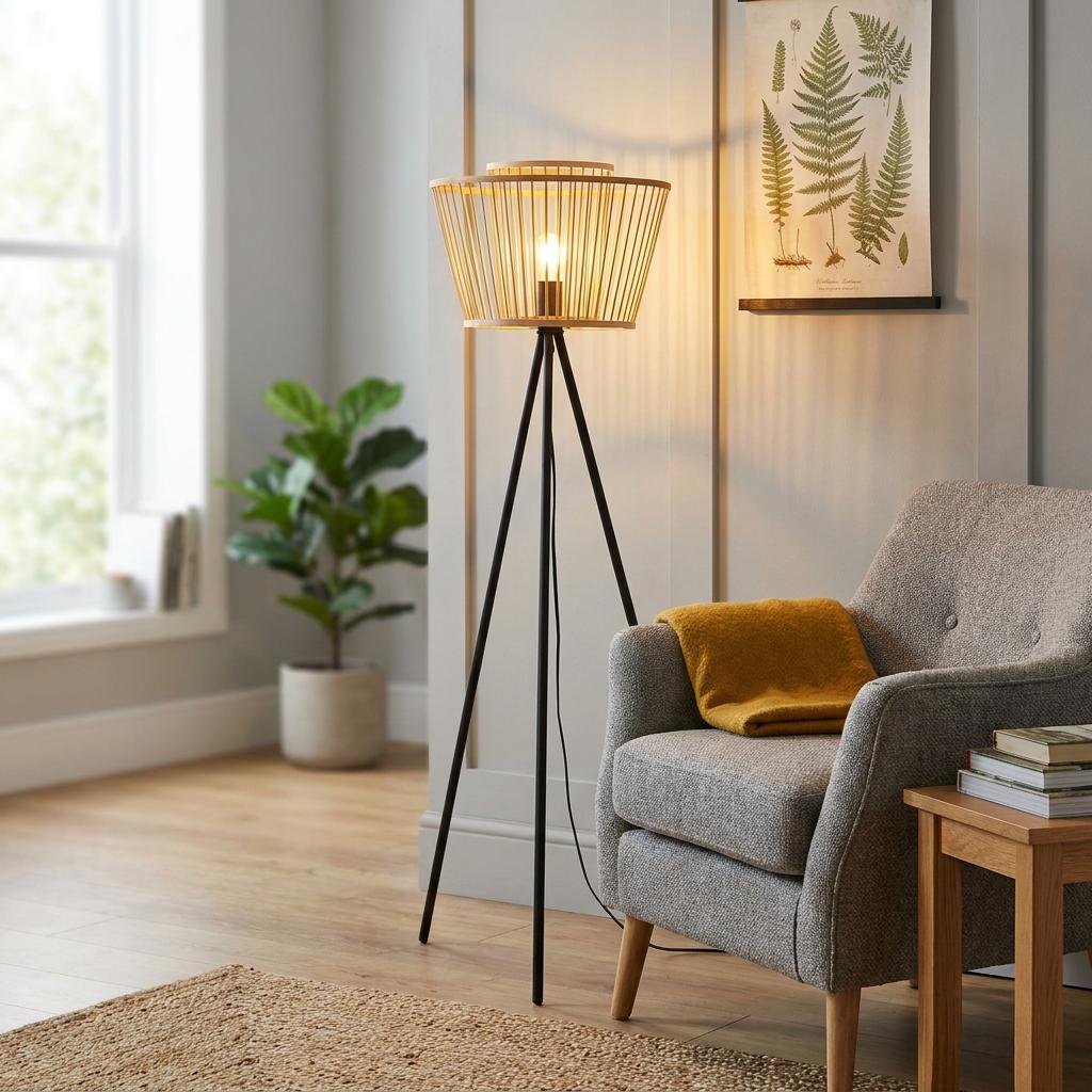 Eglo Hykeham black tripod floor lamp with a slatted bamboo shade lit in a modern living room.