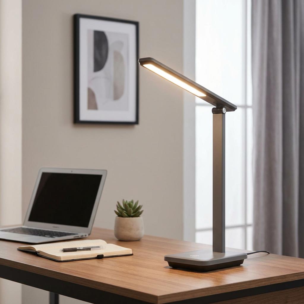 Sleek Eglo Iniesta LED black desk lamp illuminating a wooden desk with a laptop, notebook, and succulent.
