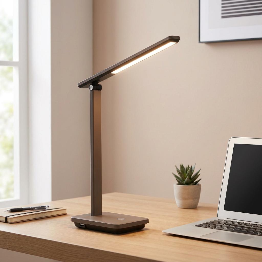 Eglo Iniesta brown LED touch desk lamp illuminated on a wooden desk next to a laptop.