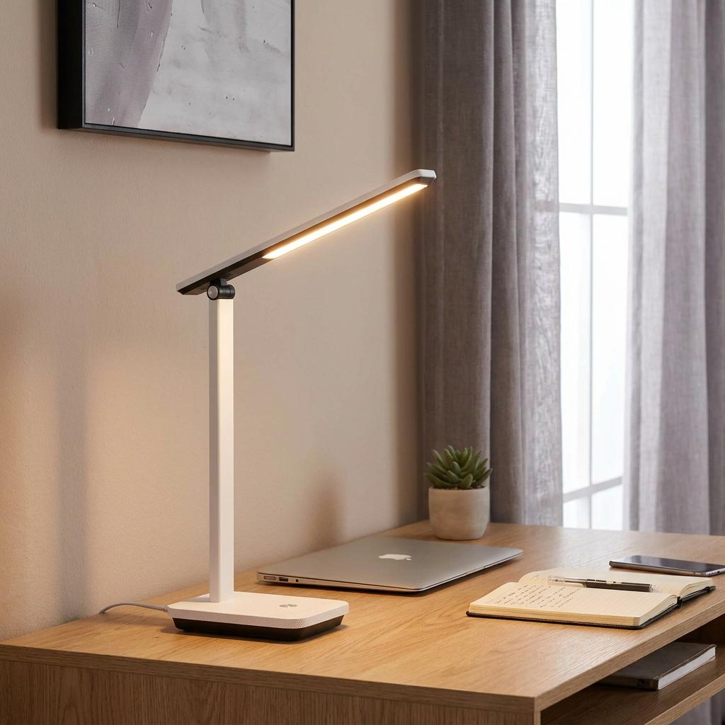 Sleek white LED desk lamp illuminates a wooden workspace with a laptop and notebook in a modern room.