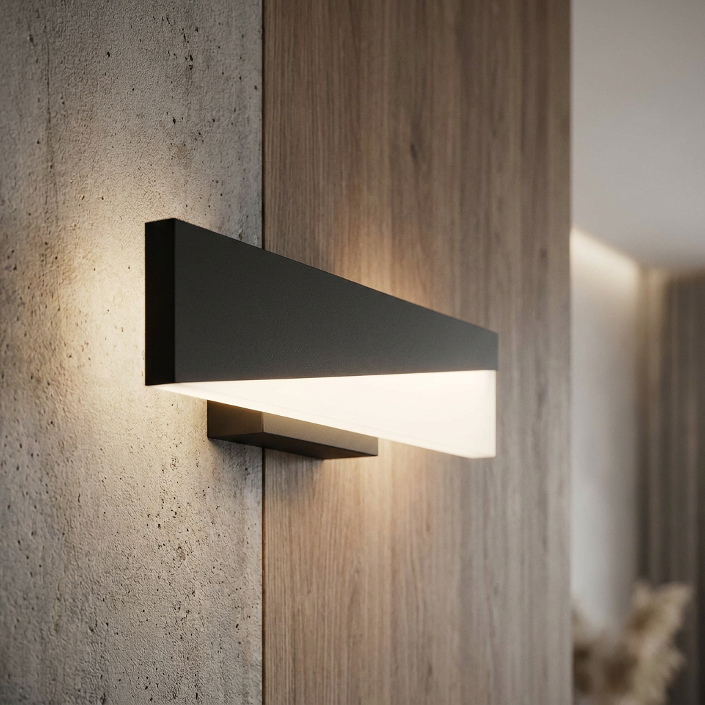 Modern black and white geometric LED wall light illuminating a concrete and wood paneled wall.