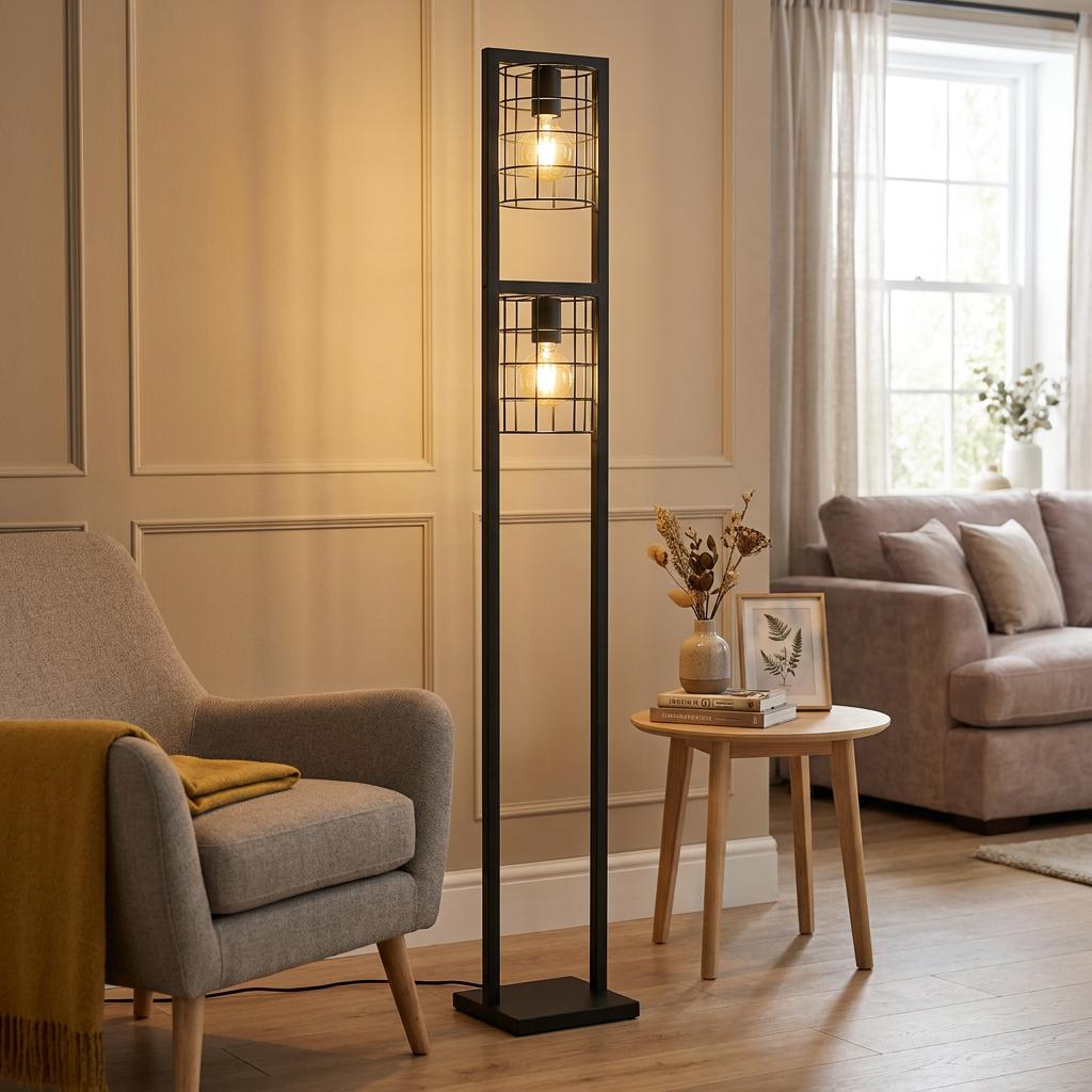 Black metal framed floor lamp with two zinc wire shades illuminating a cozy living room corner.