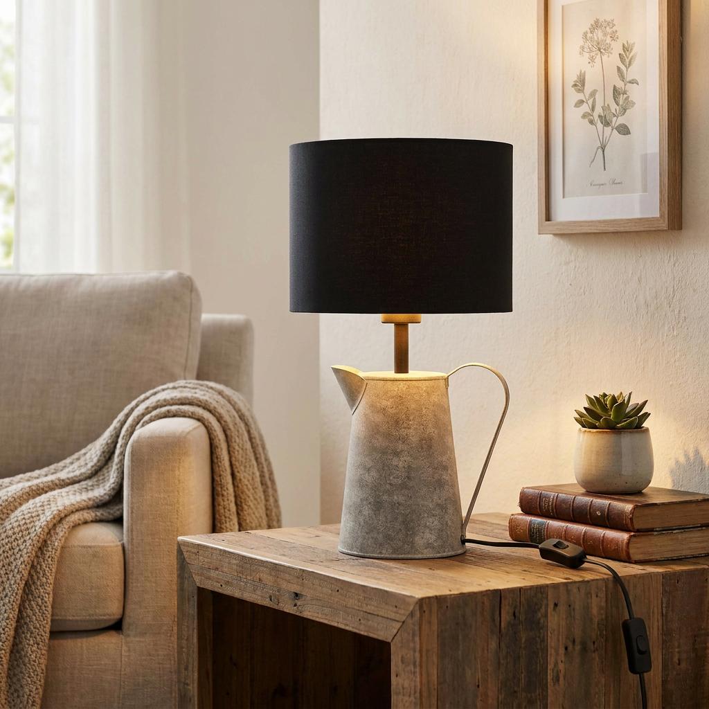 Table lamp with a zinc watering can base and black drum shade on a rustic wooden table in a living room.
