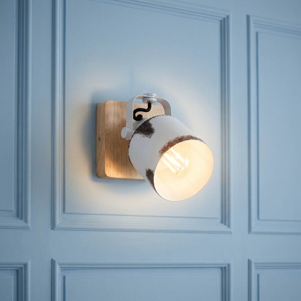Eglo Kilburn wall spotlight with a wood base and distressed white shade on a blue paneled wall.
