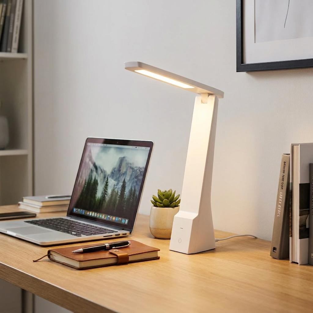 Modern white LED desk lamp illuminates a wooden workspace with a laptop, small succulent plant, and books.