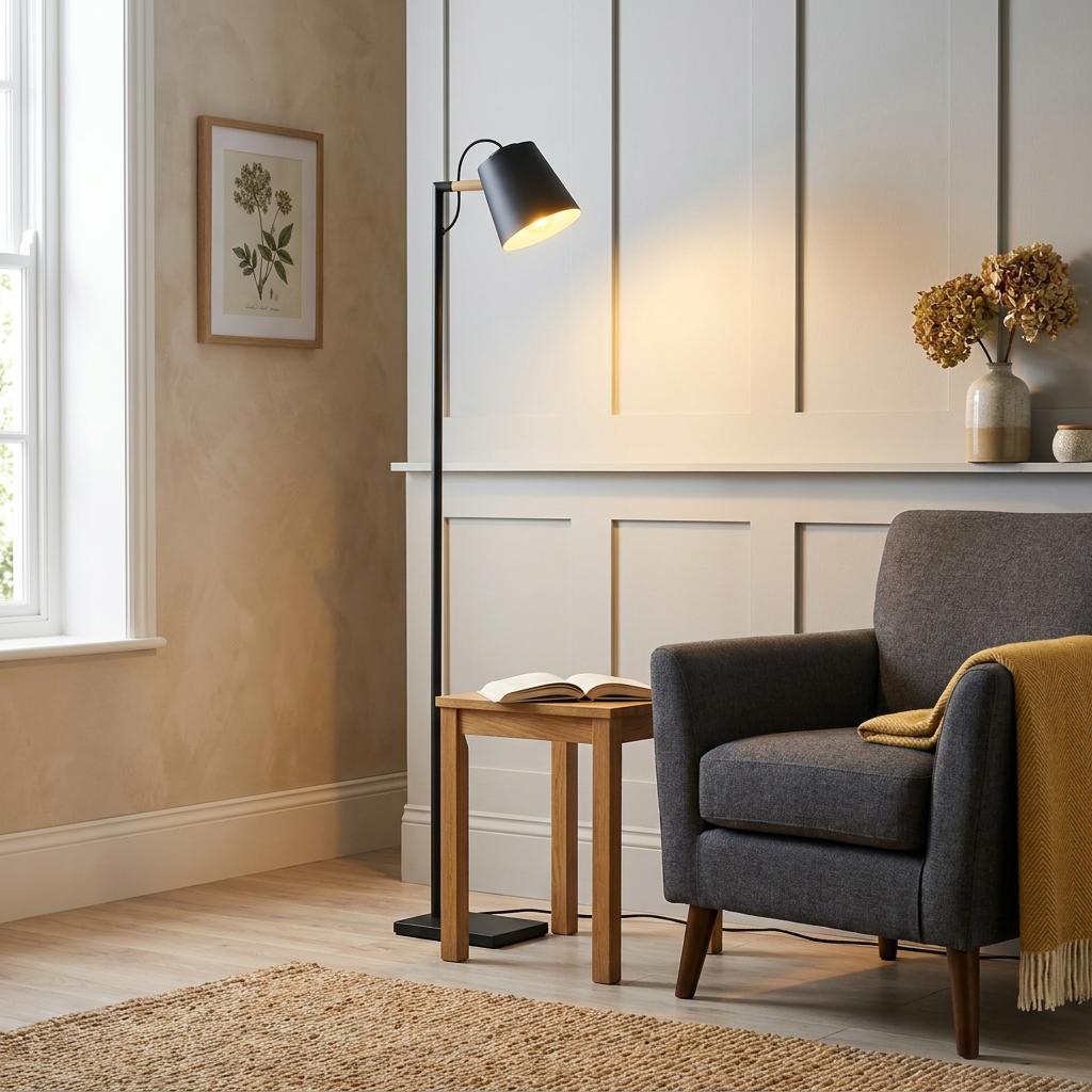Eglo Lacey black metal floor lamp with wood accent illuminating a grey armchair in a cozy living room.