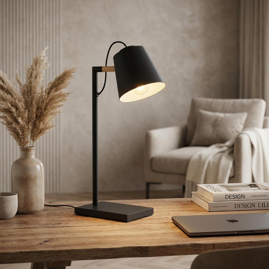 Black metal table lamp with wood accents on a wooden desk, casting warm light in a cozy, neutral room.