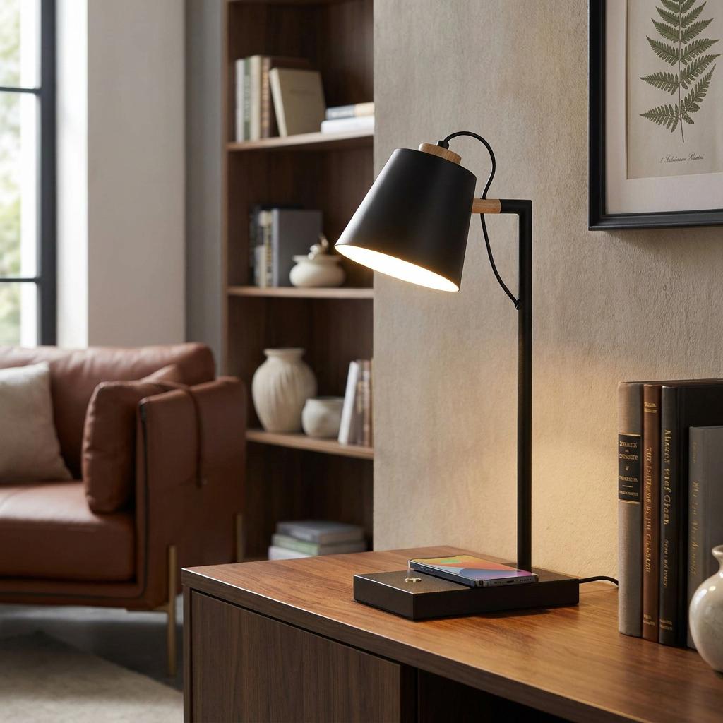 Modern black table lamp with wood accents and wireless charging base illuminating a living room side table.