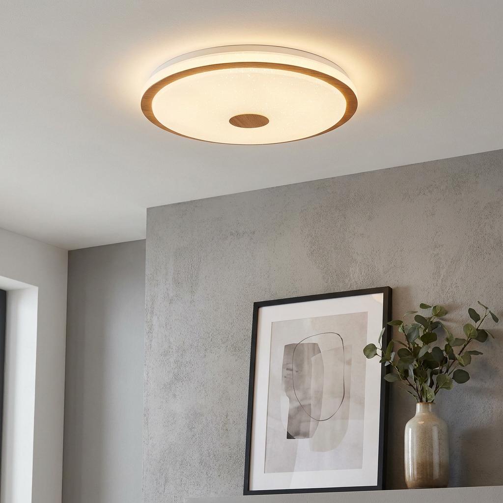 Round Eglo Lanciano 1 LED flush ceiling light with white diffuser and wooden trim above a framed artwork.